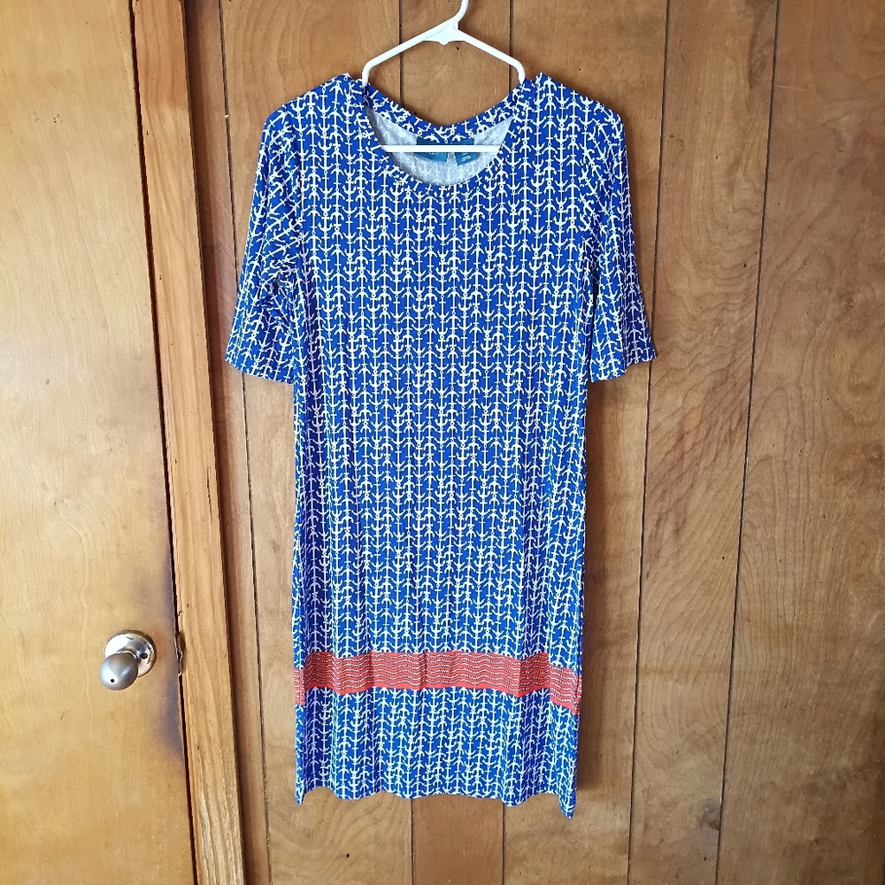 Antibes Blanc Blue White Anchor Print Shift Dress Size Small Nautical
